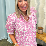 Poppi Pink Ruffle V-Neck Smocked Puff Sleeve Blouse