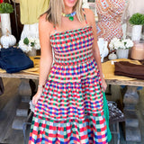 Smocked Bodice Plaid Tiered Maxi Dress