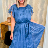 Azure Blue Crinkle Midi Dress With Flutter Sleeve