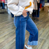NELLY DARK CUFF SLIM CROP WIDE JEANS