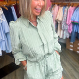 SAGE CRINKLE BUTTON UP TOP