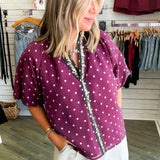 Maroon Polka Dot Puff Sleeve Blouse