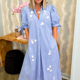 Flower Trim Blue Striped Midi Dress