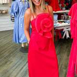 Red Flower Stitched Midi Dress
