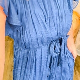 Azure Blue Crinkle Midi Dress With Flutter Sleeve