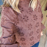 Brown Floral Eyelet Mock Neck Blouse