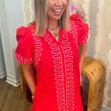 Red Pink Wavy Embroidered Puff Sleeve Mini Dress