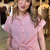 Red Stripe Tie Front Blouse