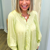 Honeydew Satin Pleat Button Up Top