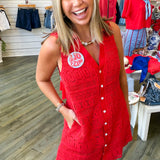 Crochet Lace Button Down Sleeveless Collared Mini Dress