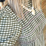 Plaid Smocked Top with Contrast Stitching