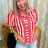 Taylor Red Stripe Ruffle V-Neck Blouse