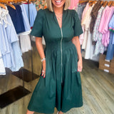 HUNTER GREEN FRONT ZIP MIDI DRESS