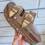 Studded Double Buckle Platform Slide Sandal