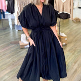 Lacey Black Pleated Midi Dress