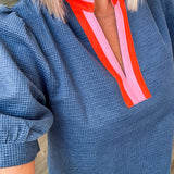 Charlee Blue Textured V-Neck Top