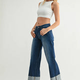 NELLY DARK CUFF SLIM CROP WIDE JEANS