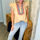 Carter Ruffle Taupe V-Neck Blouse