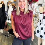 Maroon Mock Neck Pleated Shoulder Top