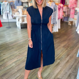 NAVY FRONT ZIP MAXI DRESS