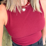 Maroon Built-In Bra Round Neck Ribbed Tank