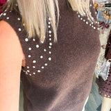 Chocolate Rhinestone Embelished Mock Neck Sleeveles Sweater