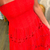 Red Eyelet Lace Tube Midi Dress