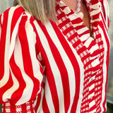Taylor Red Stripe Ruffle V-Neck Blouse