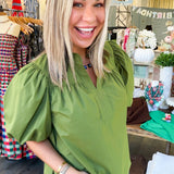 Olive Bubble Sleeve Blouse