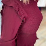 MAROON RUFFLE BLOUSE WITH SMOCKED BUST