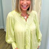 Honeydew Satin Pleat Button Up Top
