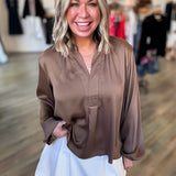 MOCHA V NECK SATIN BLOUSE