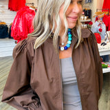 Bailey Pleated Shoulder Brown Zipper Jacket