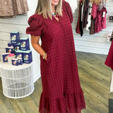 Maroon Midi Eyelet Puff Sleeve Dress