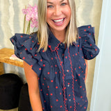 Leah Navy and Red Polka Dot Blouse