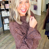 Brown Floral Eyelet Mock Neck Blouse