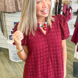 Maroon Midi Eyelet Puff Sleeve Dress