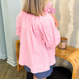 Molly Pink Mock Neck Band Puff Sleeve Blouse