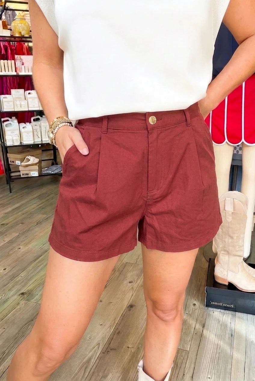 High Waist Pleated Shorts with Back Elastic Band