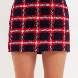 Navy+Red Plaid Boucle Mini Skirt