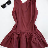 Maroon Asymmetrical Gathered Neck Sleeveless Ruffle Dress