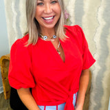 Tie-Front Blouse Puff Sleeve