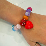 Heart Charm Accent Resin Pebble Beaded Stretch Bracelet: Multi,Red
