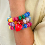 Heart Charm Accent Resin Pebble Beaded Stretch Bracelet: Multi,Red