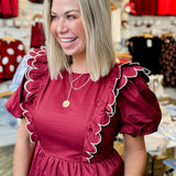 Burgundy + White Puff Sleeve Peplum Blouse